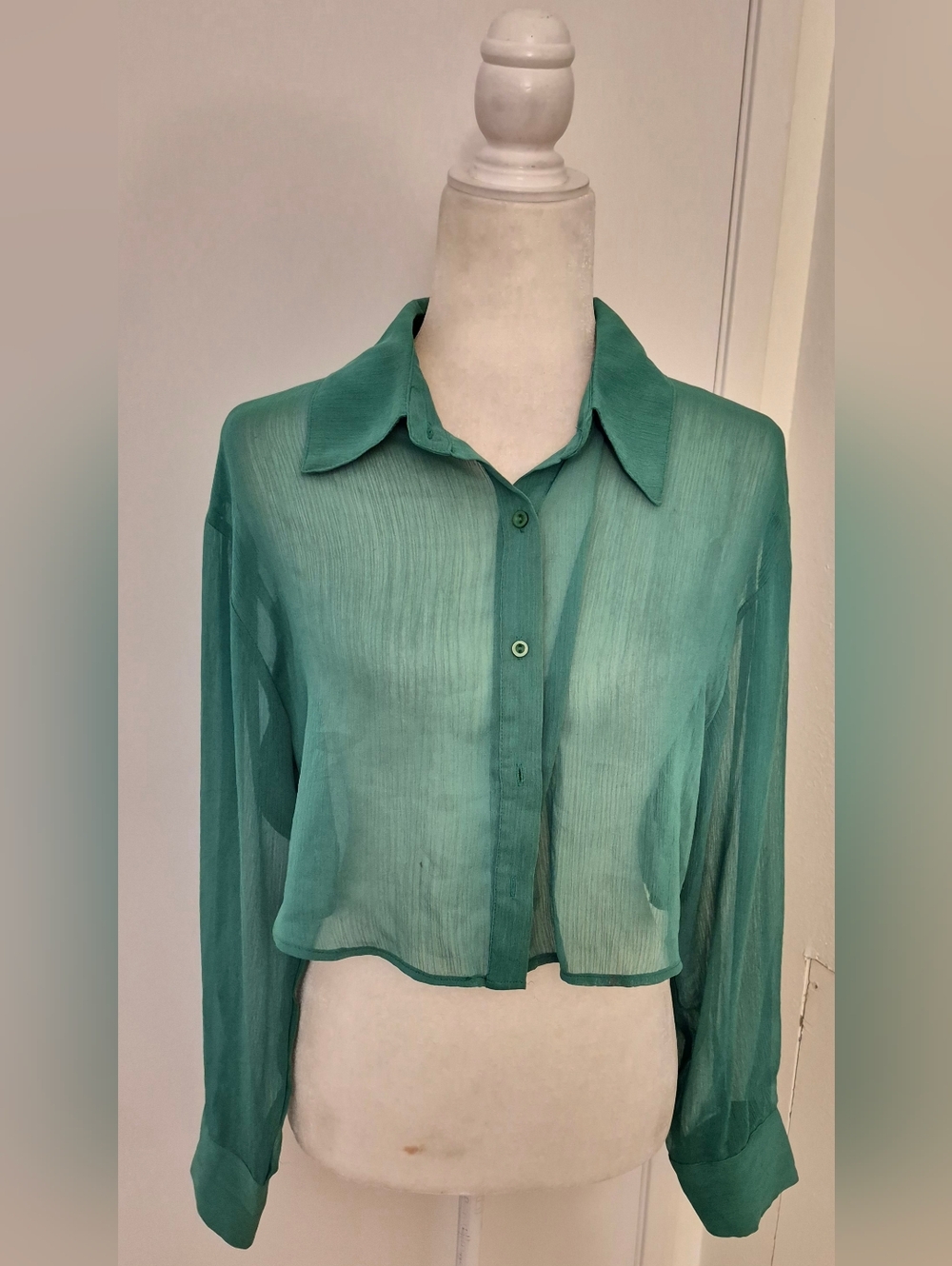 Cropped Sheer Button-Down Shirt in Teal